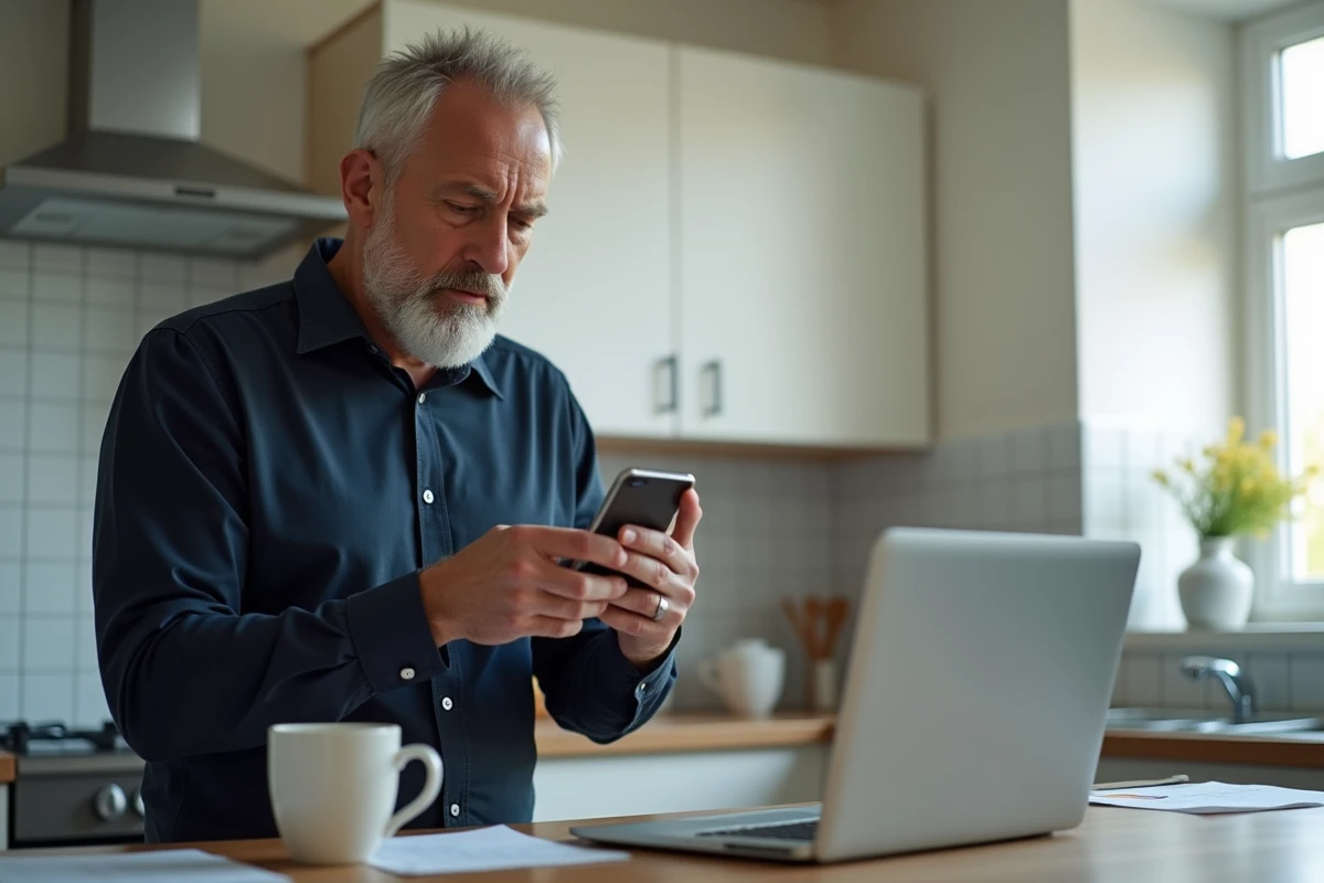 Homme utilisant son smartphone pour accéder à son compte e.cb La Banque Postale depuis sa cuisine