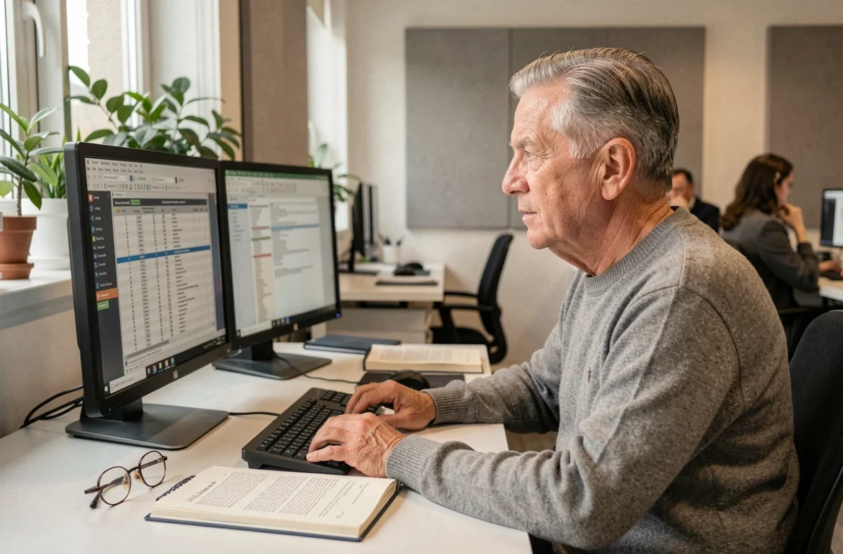 Actuaire senior consultant le Commercial Lines Manual sur son poste de travail avec des écrans d'analyse de souscription