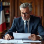 Adjoint maire en costume studyant un document officiel