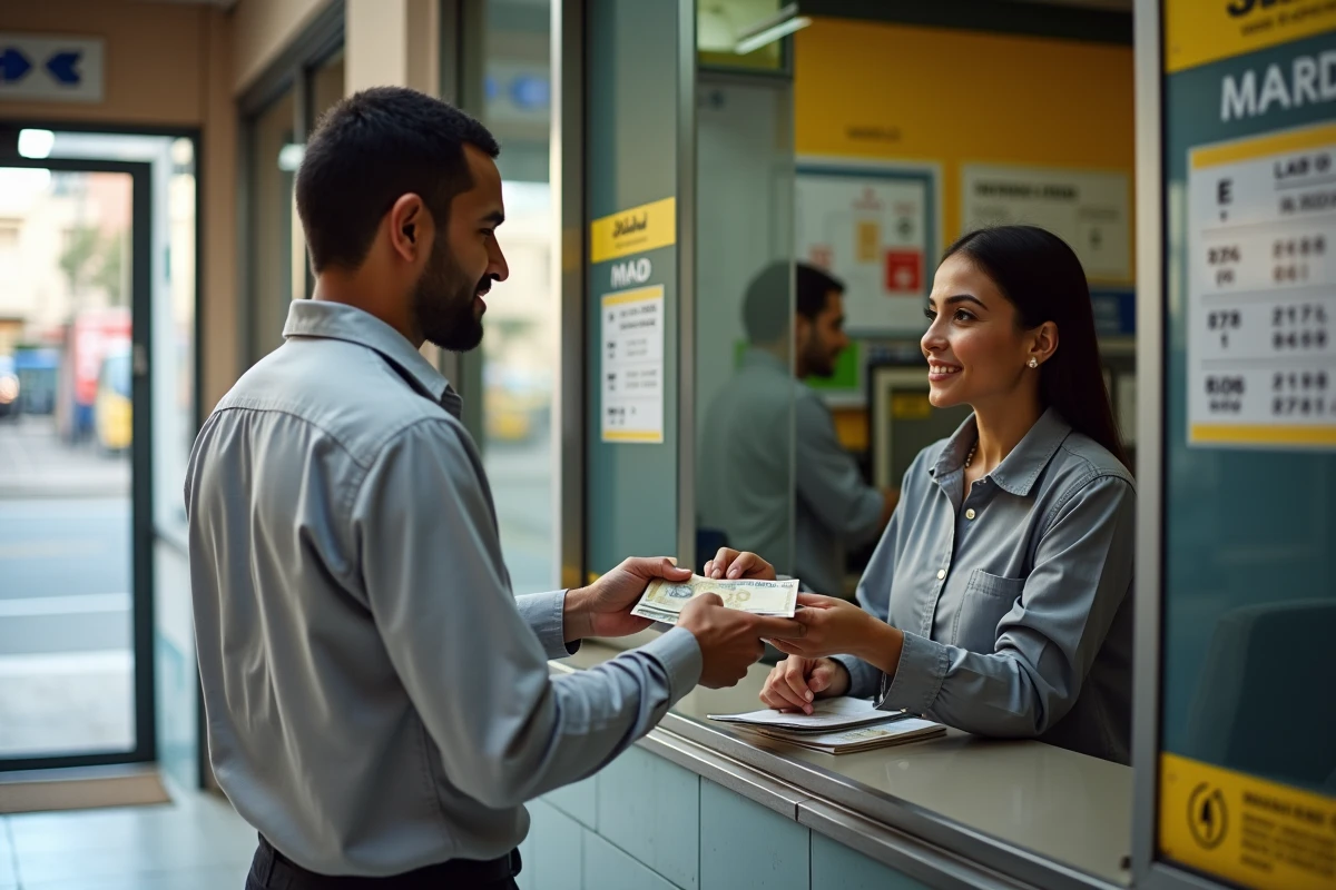 Homme marocain effectuant un transfert d'argent en euros dans une agence de virement avec tableau des taux de change EUR MAD affiché