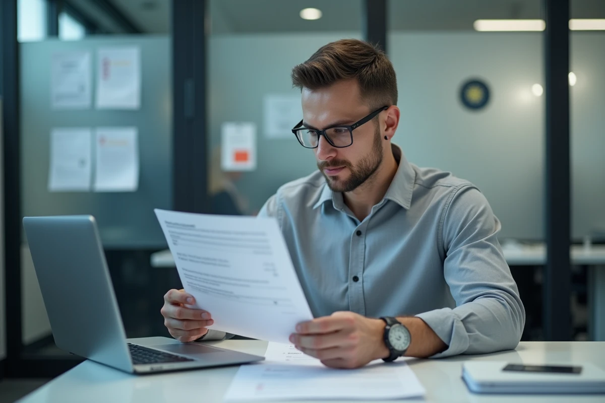 Agent administratif de l'Éducation nationale comparant son bulletin de salaire papier avec les données affichées sur un ordinateur portable