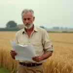 Agriculteur français examinant un contrat de fermage au bord d'un champ de blé doré en fin d'été