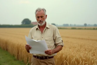Agriculteur français examinant un contrat de fermage au bord d'un champ de blé doré en fin d'été