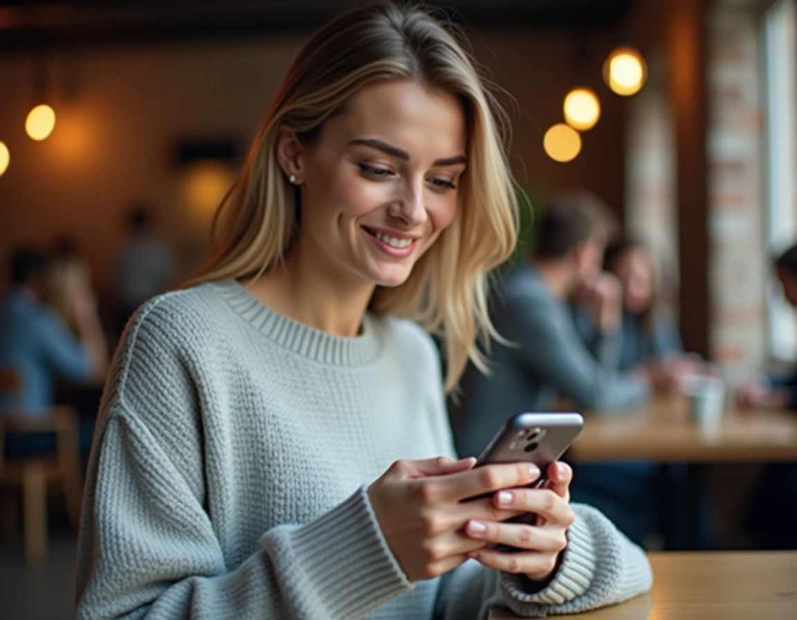 Femme consultant une alerte de fraude sur l'application mobile de sa banque dans un café