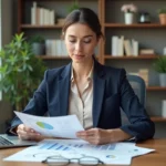 Femme professionnelle analysant des documents immobiliers et des données locatives sur un ordinateur portable dans un bureau moderne