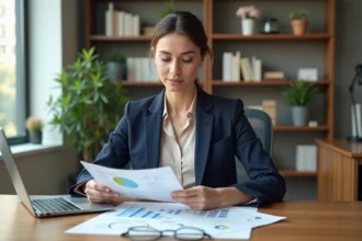 Femme professionnelle analysant des documents immobiliers et des données locatives sur un ordinateur portable dans un bureau moderne