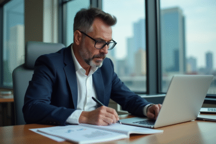 Analyste financier en costume dans un bureau moderne