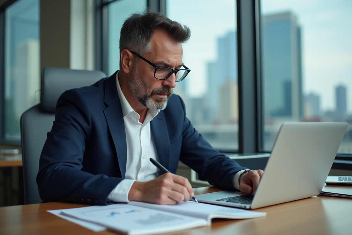 Analyste financier en costume dans un bureau moderne