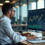 Analyste financier consultant des graphiques du taux Euribor 3 mois sur un écran dans un bureau moderne