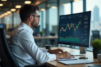 Analyste financier consultant des graphiques du taux Euribor 3 mois sur un écran dans un bureau moderne