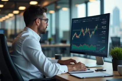 Analyste financier consultant des graphiques du taux Euribor 3 mois sur un écran dans un bureau moderne