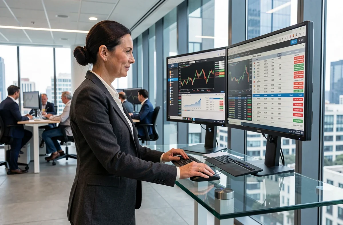 Analyste financière consultant un terminal de trading multi-écrans affichant l'ouverture de la Bourse de Paris dans un bureau moderne