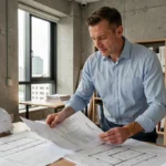 Architecte en bureau étudiant un contrat d'assurance décennale avec des plans de construction sur la table