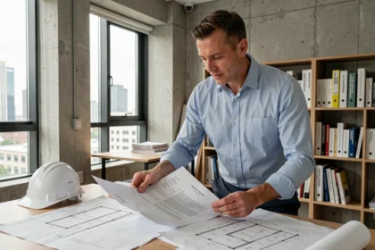 Architecte en bureau étudiant un contrat d'assurance décennale avec des plans de construction sur la table