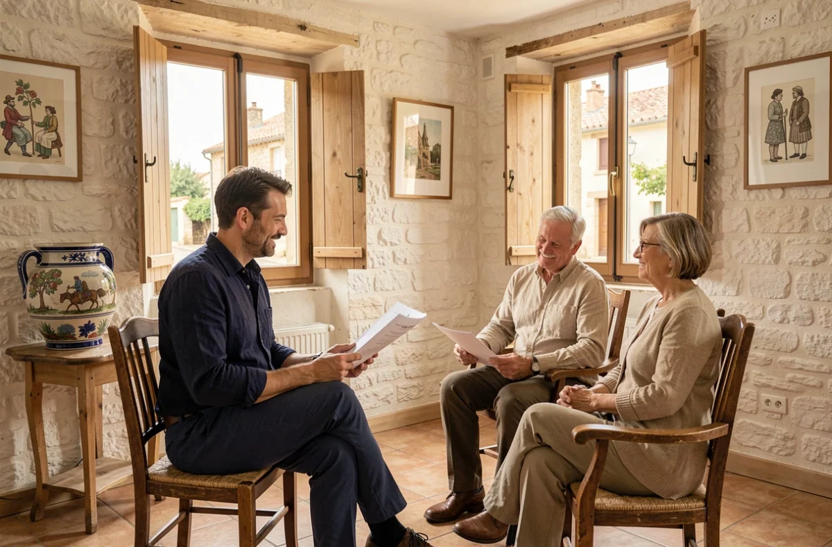 Conseiller patrimonial d'Authenlys Patrimoine dans son cabinet de Jouques discutant avec un couple de clients dans un cadre provençal intimiste