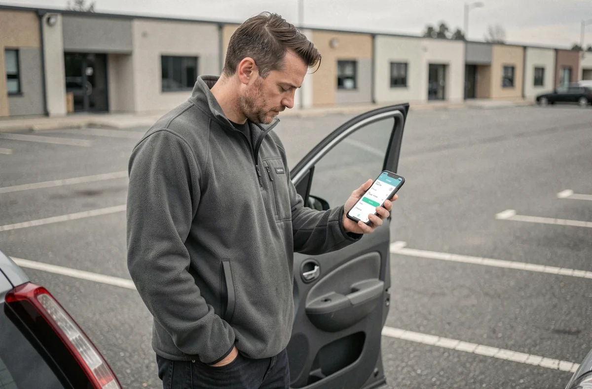 Auto-entrepreneur enregistrant ses kilomètres professionnels sur smartphone à côté de sa voiture