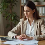 Auto-entrepreneuse consultant ses documents comptables sur un bureau en bois à domicile, devant un ordinateur portable