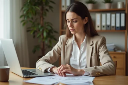 Auto-entrepreneuse consultant ses documents comptables sur un bureau en bois à domicile, devant un ordinateur portable