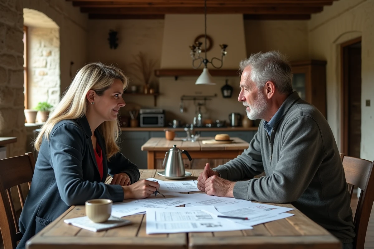 Bailleur et fermier négociant le prix du quintal de blé fermage autour d'une table dans une ferme traditionnelle française