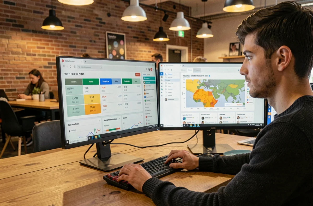 Conseiller Bevouac analysant des données d'investissement locatif sur écran dans un espace de coworking moderne