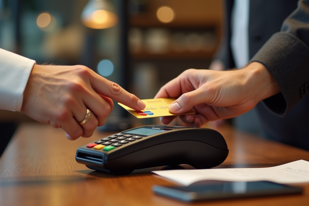 Main bloquant une carte contactless au terminal de paiement