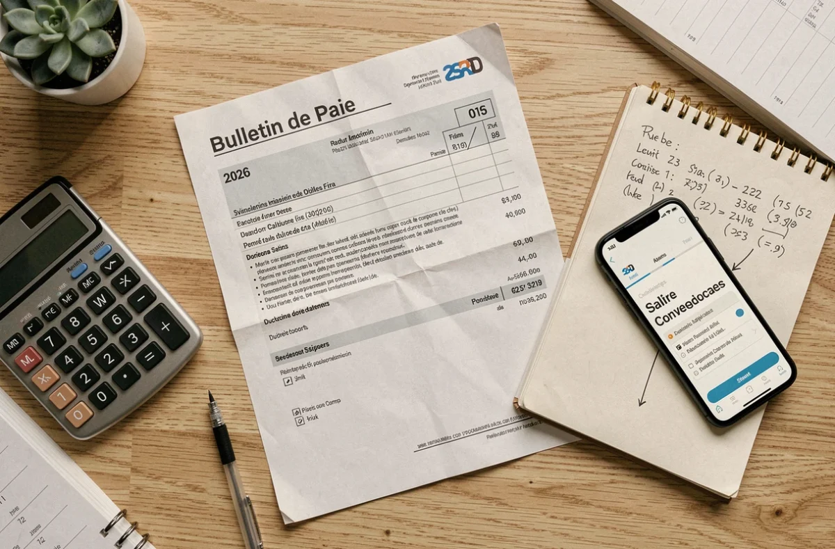 Vue de dessus d'un bulletin de paie 2026 avec calculatrice et notes manuscrites sur salaire brut net