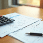 Bulletin de paie et calculatrice sur bureau lumineux