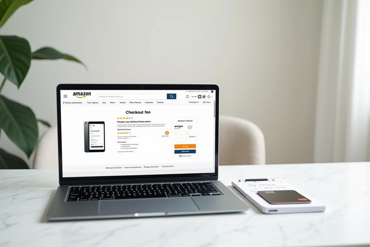 Bureau minimaliste avec ordinateur portable affichant la page de paiement Amazon PayPal, carte bancaire et bloc-notes