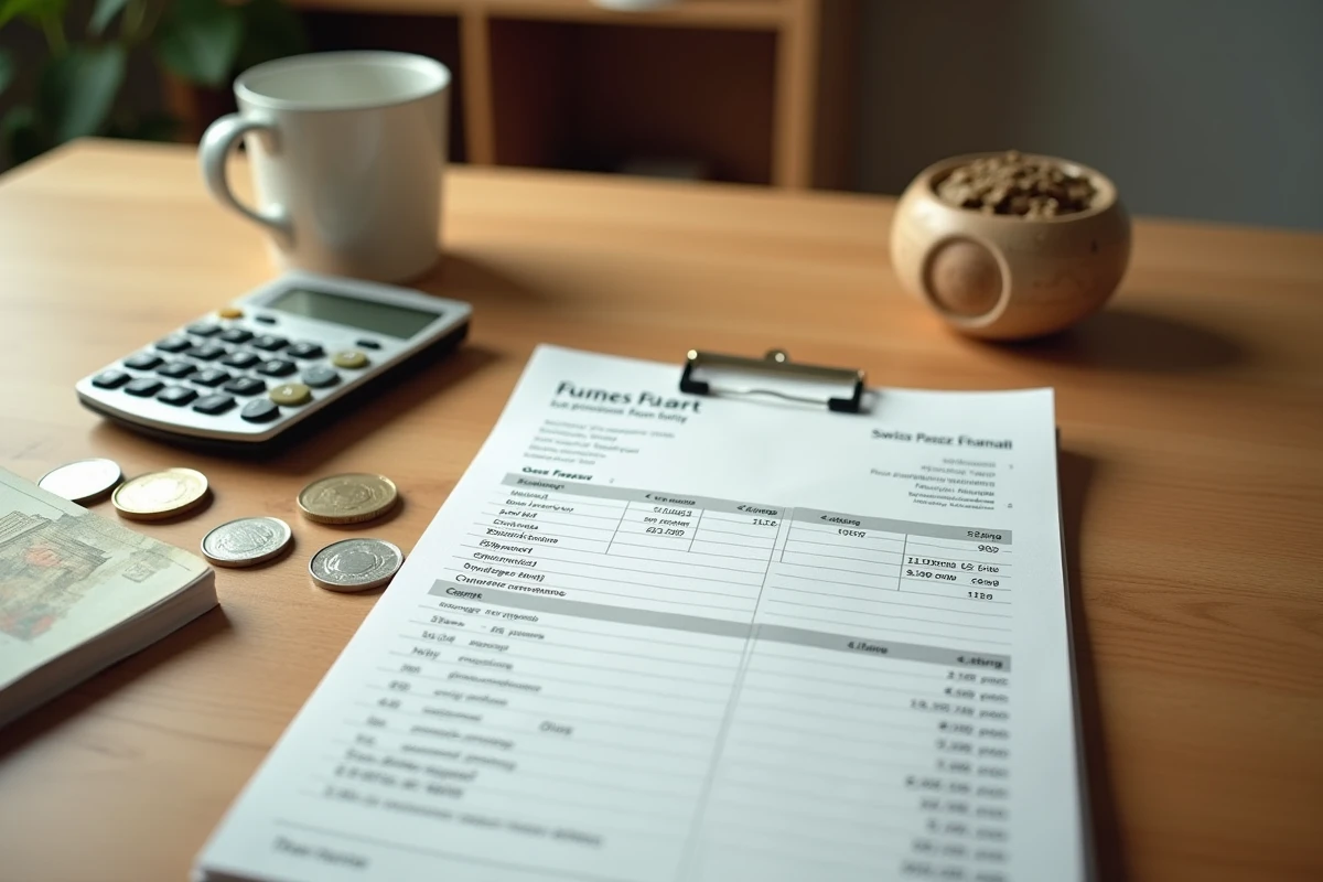 Vue aérienne d'un bureau avec fiche de salaire suisse, calculatrice et budget manuscrit