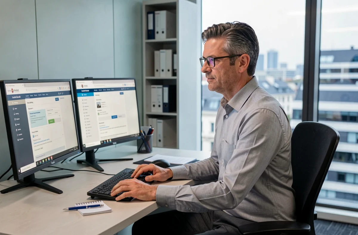 Cadre de la Société Générale consultant l'intranet RH depuis son bureau pour accéder aux services aux salariés