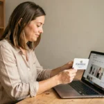 Femme utilisant une carte cadeau Kadéos Infini pour faire des achats en ligne sur son ordinateur portable à la maison