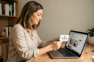 Femme utilisant une carte cadeau Kadéos Infini pour faire des achats en ligne sur son ordinateur portable à la maison