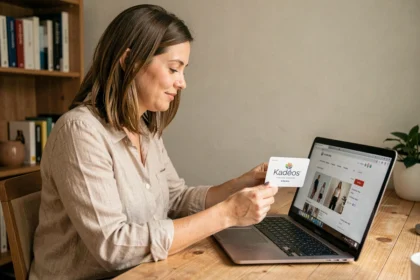 Femme utilisant une carte cadeau Kadéos Infini pour faire des achats en ligne sur son ordinateur portable à la maison