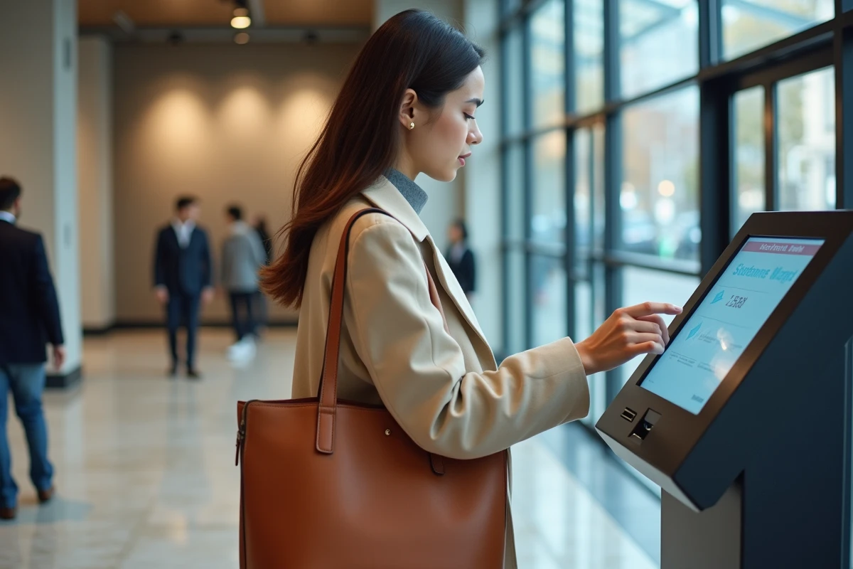 Une jeune femme utilise une borne bancaire en agence pour changer d'établissement financier