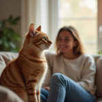 Chat domestique sur un canapé avec une jeune femme souriante