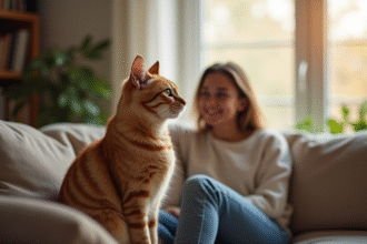 Chat domestique sur un canapé avec une jeune femme souriante