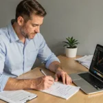Trader particulier vérifiant sa check-list avant d'ouvrir ses premiers ordres en bourse sur un bureau avec ordinateur portable et documents financiers