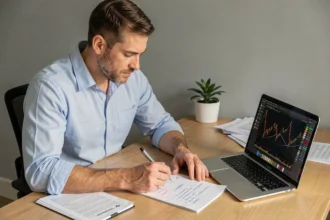Trader particulier vérifiant sa check-list avant d'ouvrir ses premiers ordres en bourse sur un bureau avec ordinateur portable et documents financiers