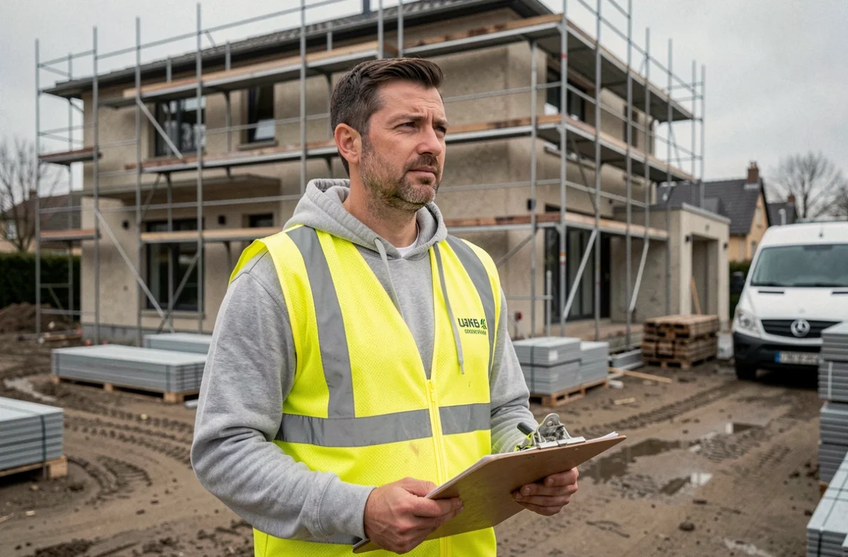 Chef de chantier devant un immeuble en construction évoquant la responsabilité liée à l'assurance décennale