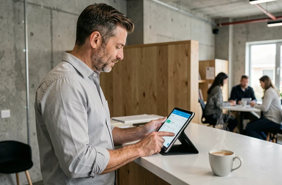 Chef d'entreprise consultant son compte professionnel Banque Populaire Centre Atlantique Aquitaine sur tablette dans un espace de coworking
