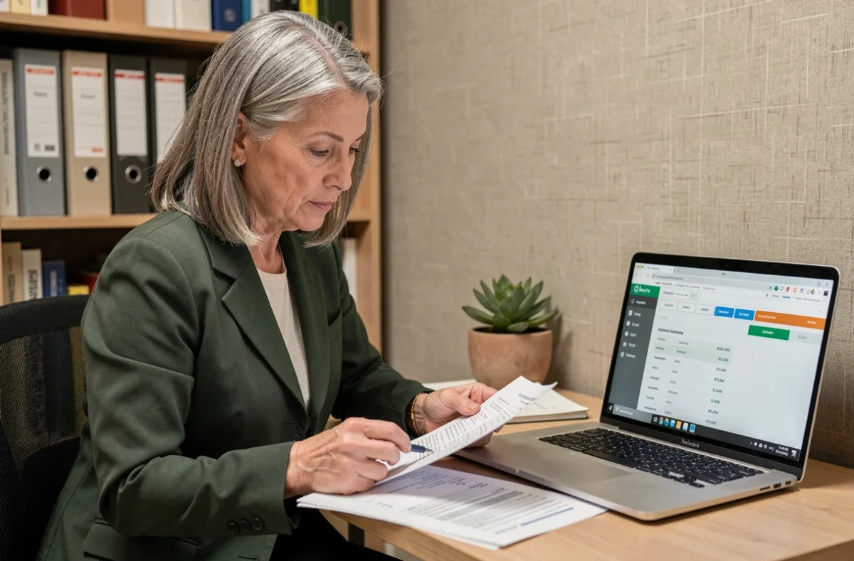 Cheffe d'entreprise gérant sa trésorerie à domicile via Cyberplus Banque Populaire sur ordinateur portable avec relevés financiers