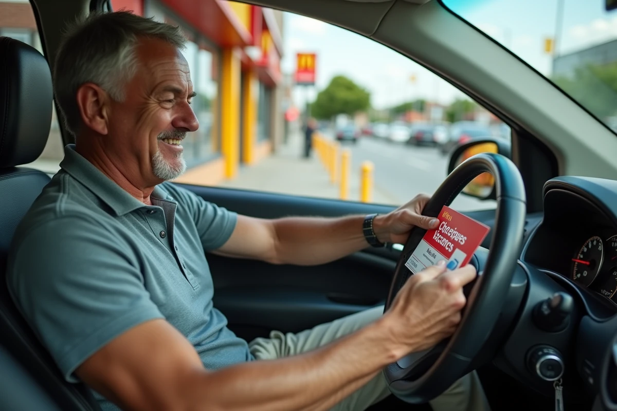 Homme payant avec des Chèques Vacances au drive McDonald's depuis sa voiture