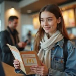 Femme utilisant des Chèques Vacances pour payer au comptoir d'un restaurant McDonald's