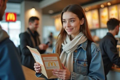 Femme utilisant des Chèques Vacances pour payer au comptoir d'un restaurant McDonald's