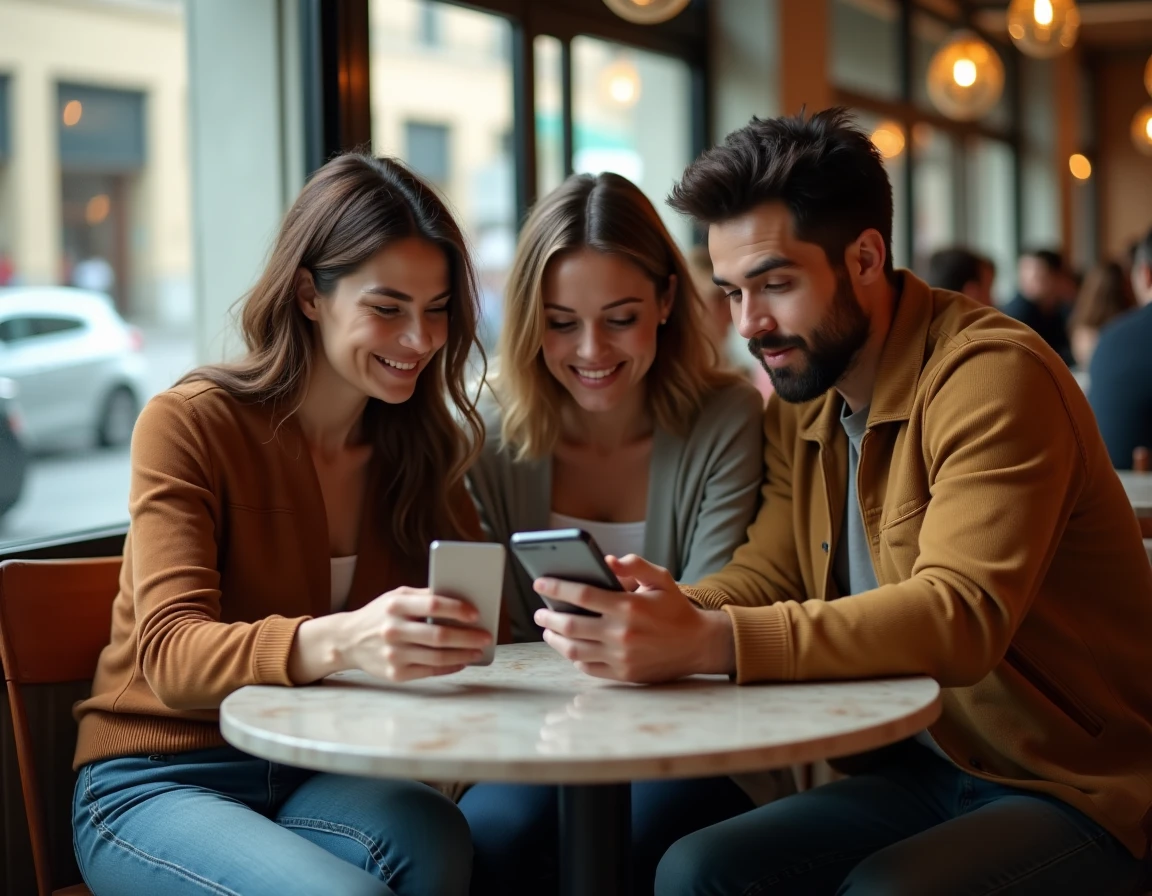 Groupe de citoyens dans un café discutant d'un article sur le salaire d'un homme politique affiché sur un smartphone, évoquant le débat public sur la transparence des élus