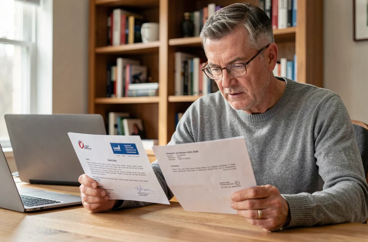 Homme comparant deux courriers bancaires La Banque Postale reçus à des adresses différentes, assis à son bureau à domicile