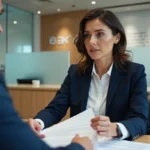 Une femme consulte un conseiller bancaire dans une agence pour clôturer son compte