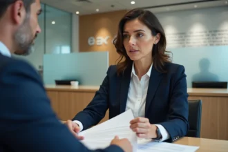 Une femme consulte un conseiller bancaire dans une agence pour clôturer son compte