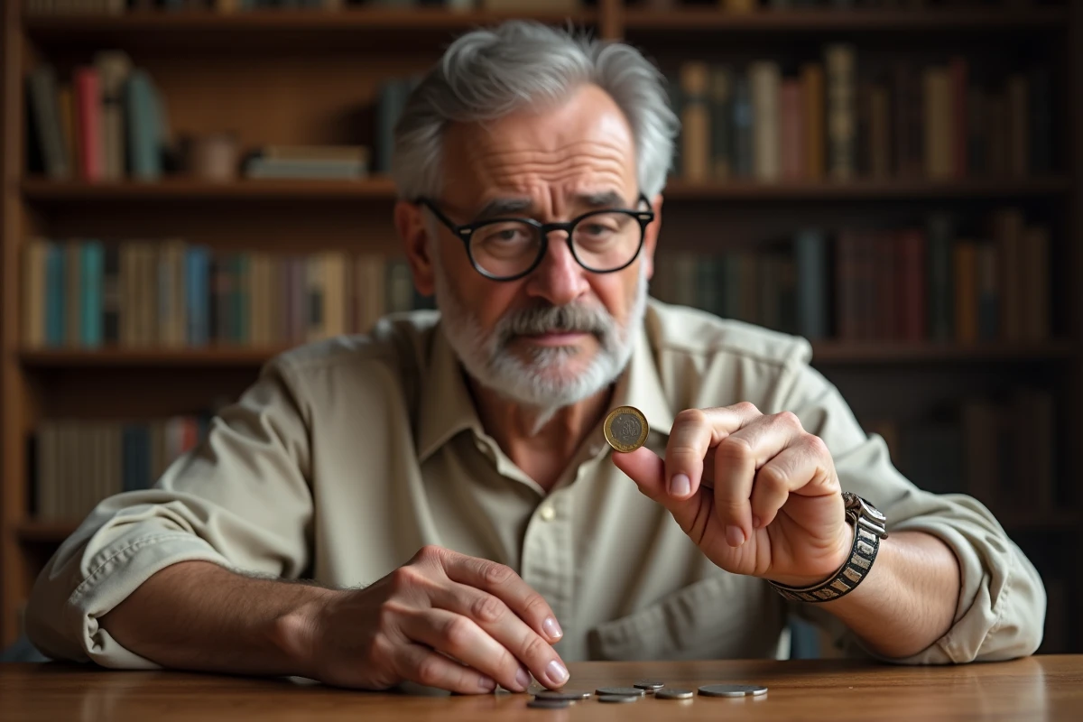 Collectionneur examinant une pièce rare de 50 centimes à la loupe dans son bureau de numismate