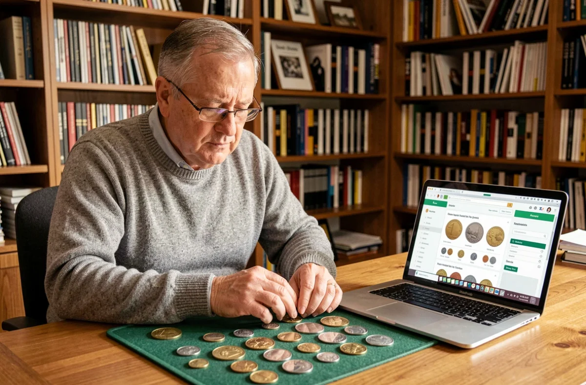 Collectionneur de pièces examinant des euros rares sur un tapis de feutrine verte avec un ordinateur portable affichant une cote numismatique
